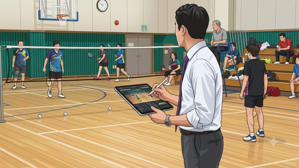 体育館のコート脇でタブレットを手に試合を分析する指導者のイラスト